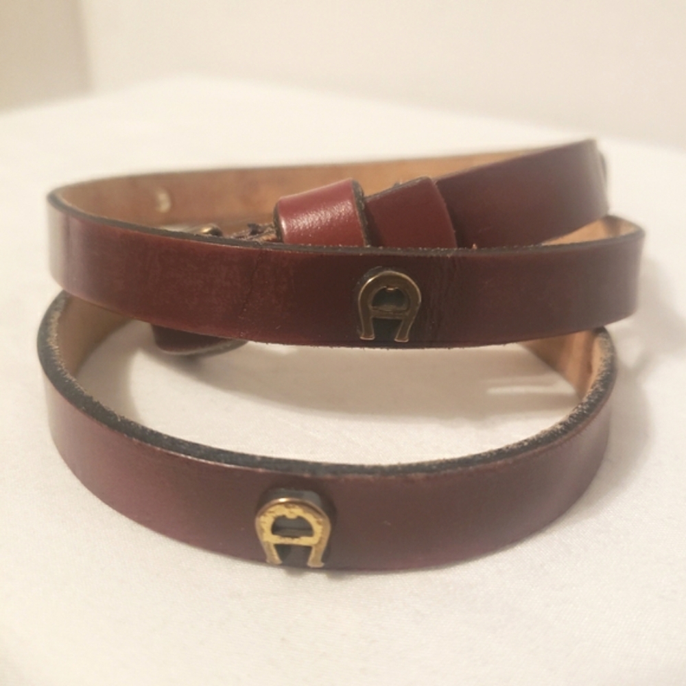Etienne Aigner Brown Leather Double Wrap Belt with Gold Logo Hardware